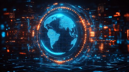 Aufkleber - Futuristic digital globe with neon blue and orange circuitry : Generative AI