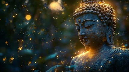 Aufkleber - Serene Buddha Statue Surrounded by Mystical Glowing Lights in Tranquil Forest : Generative AI