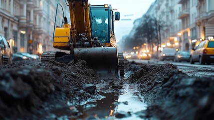 Poster - Urban Construction Site with Bulldozer in Action During Evening Traffic with City Lights : Generative AI