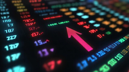 Poster - Close-up of a glowing red upward arrow on a stock market screen, surrounded by numbers and data.