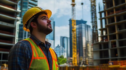 Poster - Construction Worker in Hard Hat and Safety Vest in Urban Development Site : Generative AI
