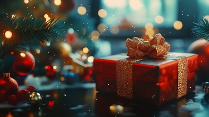 Poster - Festive Christmas Gift Box with Red Ribbon and Holiday Decorations in Snowy Setting : Generative AI