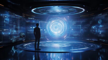 Poster - Hologram projection on a digital screen with different data and parameters.