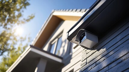 Poster - Modern Home Exterior with Mounted Security Camera Under Clear Sky : Generative AI