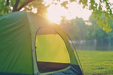 Poster - Serene Morning Scene with Sunlit Green Camping Tent in Lush Forest Landscape : Generative AI