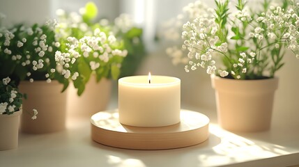 Poster - Peaceful Candlelit Garden Setting with Delicate White Flowers and Green Foliage : Generative AI