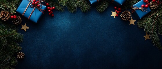 Poster - Blue Themed Christmas Arrangement with Gifts and Pine Branches : Generative AI