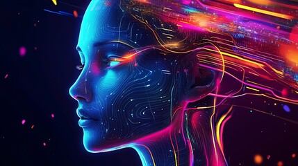 Aufkleber - Digital Futuristic Artwork of a Neon-Lit AI Female Portrait with Vibrant Abstract Design : Generative AI