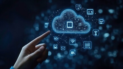 Poster - A hand points at a cloud computing icon with various digital icons surrounding it, symbolizing the vast network and data storage capabilities of cloud technology.