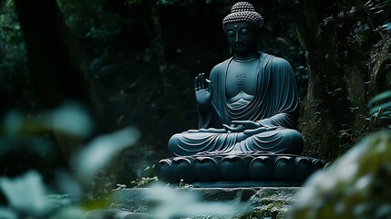 Poster - Serene Buddha Statue in Deep Forest Creating a Tranquil Meditation Space : Generative AI