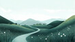 © Thiago - Single winding path through rolling green hills soft tones and balanced composition create a serene open landscape minimalistic yet impactful scene focused on natural beauty. Serene. Illustration