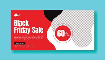 Wall Mural - editable black friday sale horizontal web banner design with black and red colors, social media cove