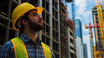 Poster - Young Construction Professional with Safety Gear on Urban Building Project : Generative AI