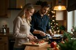 © Krystyna - A man and a woman are cooking meat and vegetables dinner in decorated kitchen. A couple is preparing a festive dinner. Cooking Christmas dinner with a Christmas tree in the background.