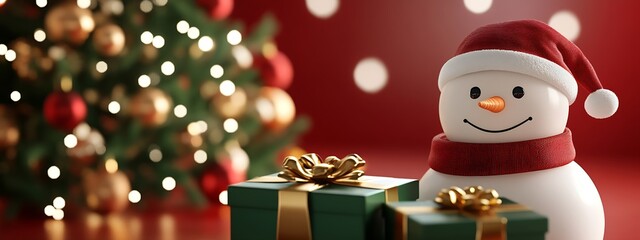 Aufkleber - Smiling Snowman with Christmas Presents and Glowing Holiday Lights : Generative AI