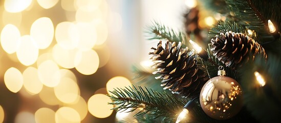 Poster - Pinecone and Gold Ornament Adorning Christmas Tree with Warm Festive Lighting : Generative AI