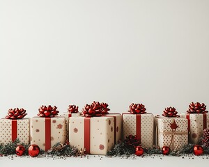 Poster - Beautifully Wrapped Holiday Gifts with Red Pinecone Decorations : Generative AI