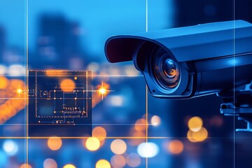 Aufkleber - Modern Security Camera Overlooking Urban Cityscape with Bokeh Lighting Effect : Generative AI