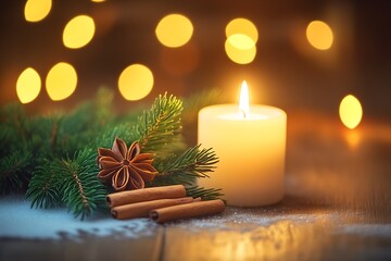Aufkleber - Warm Christmas Ambiance with Candle Glow, Spruce Garland, and Twinkling Lights : Generative AI