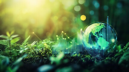 Wall Mural - a glass globe representing the earth sits on green moss and soil, with a network of lines representi