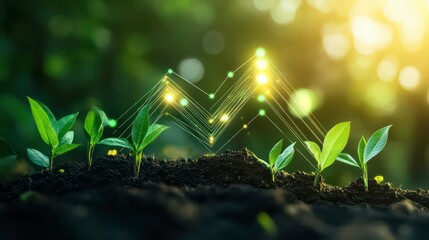 Wall Mural - green sprouts growing in soil with a glowing abstract design.