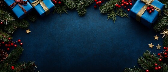 Poster - Elegant Christmas Scene with Blue Wrapped Presents and Natural Decor : Generative AI