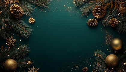 Aufkleber - Festive Holiday Christmas Background With Evergreen Branches And Golden Decorations : Generative AI