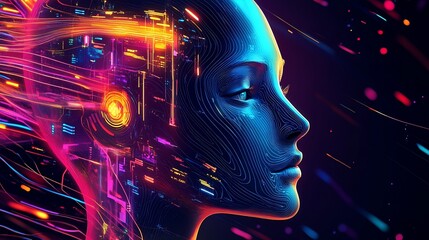 Aufkleber - Futuristic AI Head with Vivid Cybernetic Elements and Digital Colors : Generative AI