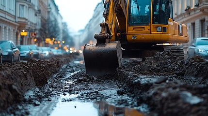 Poster - Heavy Machinery in Action with Bulldozer on Muddy Urban Street in Evening with City Traffic : Generative AI