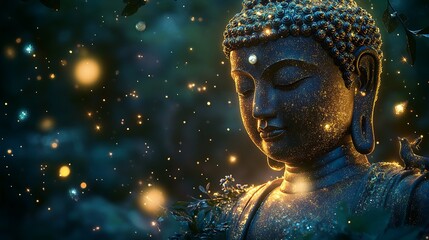 Aufkleber - Tranquil Buddha Statue Bathed in Mystical Light Surrounded by Nature : Generative AI