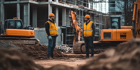 Poster - Urban Construction Workers in Safety Gear at Downtown Building Site : Generative AI