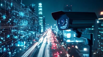 Poster - Cutting-Edge Surveillance Camera Observing a Luminous Urban Nightscape : Generative AI