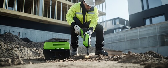 Poster - Worker Operating Impact Drill on Urban Construction Site During Day Amidst Modern Architecture : Generative AI