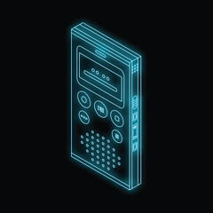 Poster - Voice recorder glowing with blue neon light on black background, isometric view