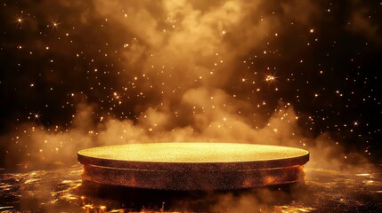 Wall Mural - golden podium with stars glowing gold stage with glitter and light smoke on dark background