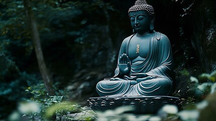 Aufkleber - Tranquil Buddha Sculpture Surrounded by Lush Nature Inspiring Mindfulness : Generative AI