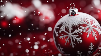 Aufkleber - Festive Red Christmas Ornament Adorned with White Snowflake Patterns and Glimmering Snow : Generative AI