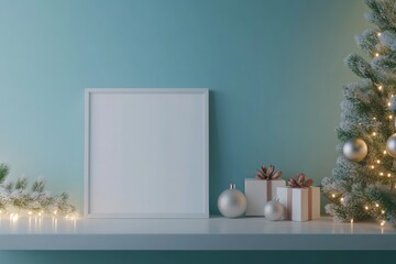 Wall Mural - Blank frame mockup on a shelf decorated for Christmas with ornaments, gifts, and a festive tree in a cozy setting