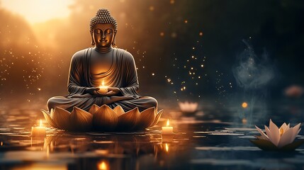 Aufkleber - Serene Buddha Statue Meditation with Candlelight and Floating Lotus Flowers at Dusk on Tranquil Water Surface : Generative AI