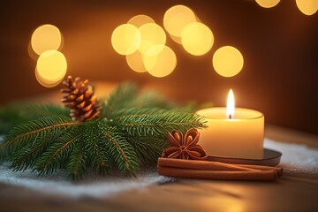 Poster - Cozy Candlelit Winter Scene with Pinecone and Cinnamon for Festive Ambiance : Generative AI