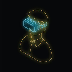 Poster - Neon icon of a man wearing a virtual reality headset, glowing blue and yellow on black background