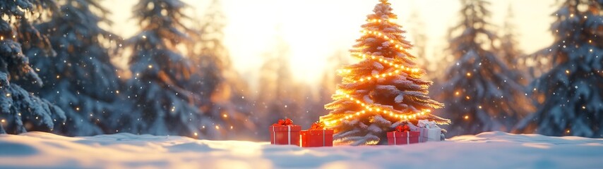 Poster - Glowing Christmas Tree with Wrapped Presents Amid Stunning Winter Snow : Generative AI