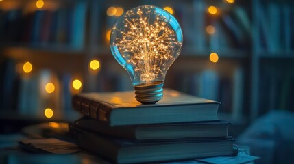Wall Mural - a glowing lightbulb sits atop a stack of books in a dimly lit room with a bookshelf in the backgroun