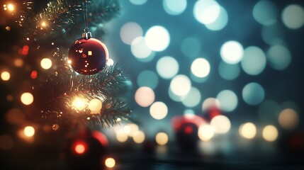 Poster - Red Bauble on Christmas Tree with Dreamy Bokeh Christmas Lights : Generative AI