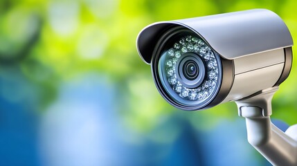 Poster - Sleek Outdoor Security Camera with Lush Green Background for Residential Safety : Generative AI