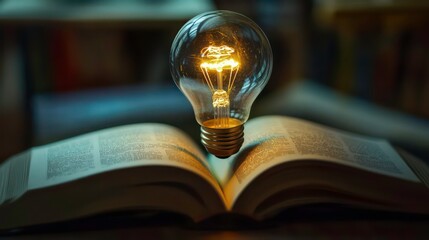 Wall Mural - a glowing light bulb hovers above an open book, symbolizing the power of knowledge and ideas.