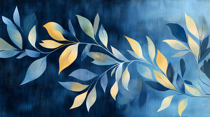 Wall Mural - Abstract botanical design with flowing leaves in shades of blue and yellow against a textured blue background, evoking a serene and harmonious natural theme. Serene. Illustration