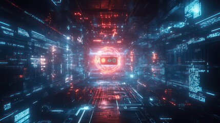 Poster - Abstract digital tunnel with glowing red and blue lights, a circular display with a digital interface in the middle.