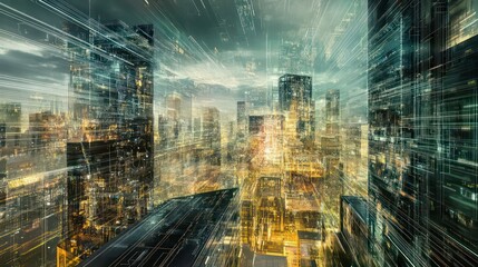 Poster - A futuristic city skyline with glowing lights and data streams.