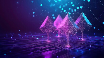 Poster - Future tech development concept with glowing neon trees on a circuit board background in a futuristic polygonal style. Modern illustration of the future of technology.